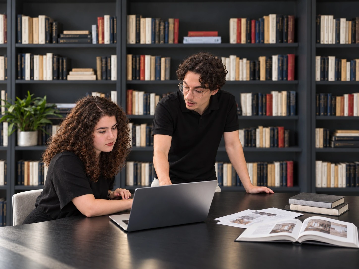 Duas pessoas trabalhando juntas em um notebook, com livros e materiais de projeto sobre a mesa.